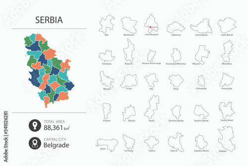 Map of Serbia with detailed country map. Map elements of cities  total areas and capital.