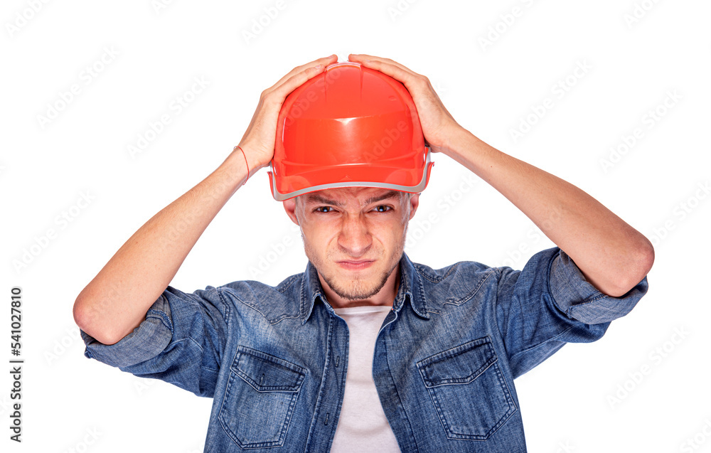 Construction worker man in helmet isolated on white background. Construction worker man in helmet isolated on white background.