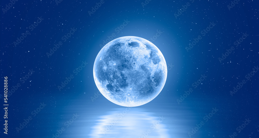 Abstract blue background with full  moon over the sea,  lot of stars in the background at night  