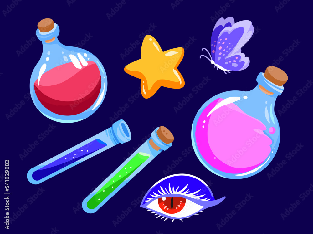 illustration of a bottle of potions with various vibrant colors like red, pink, blue, and green. Fantasy themed vector illustration set with cool element decorations like star, butterfly, and eye. illustration of a bottle of potions with various vibrant colors like red, pink, blue, and green. Fantasy themed vector illustration set with cool element decorations like star, butterfly, and eye.