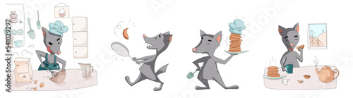 Vector cute gray wolf is working in the kitchen. Preparing the dough, whipping. Fries pancakes, throws a pancake in the air. Sits at the table, drinks tea and eats pancakes.