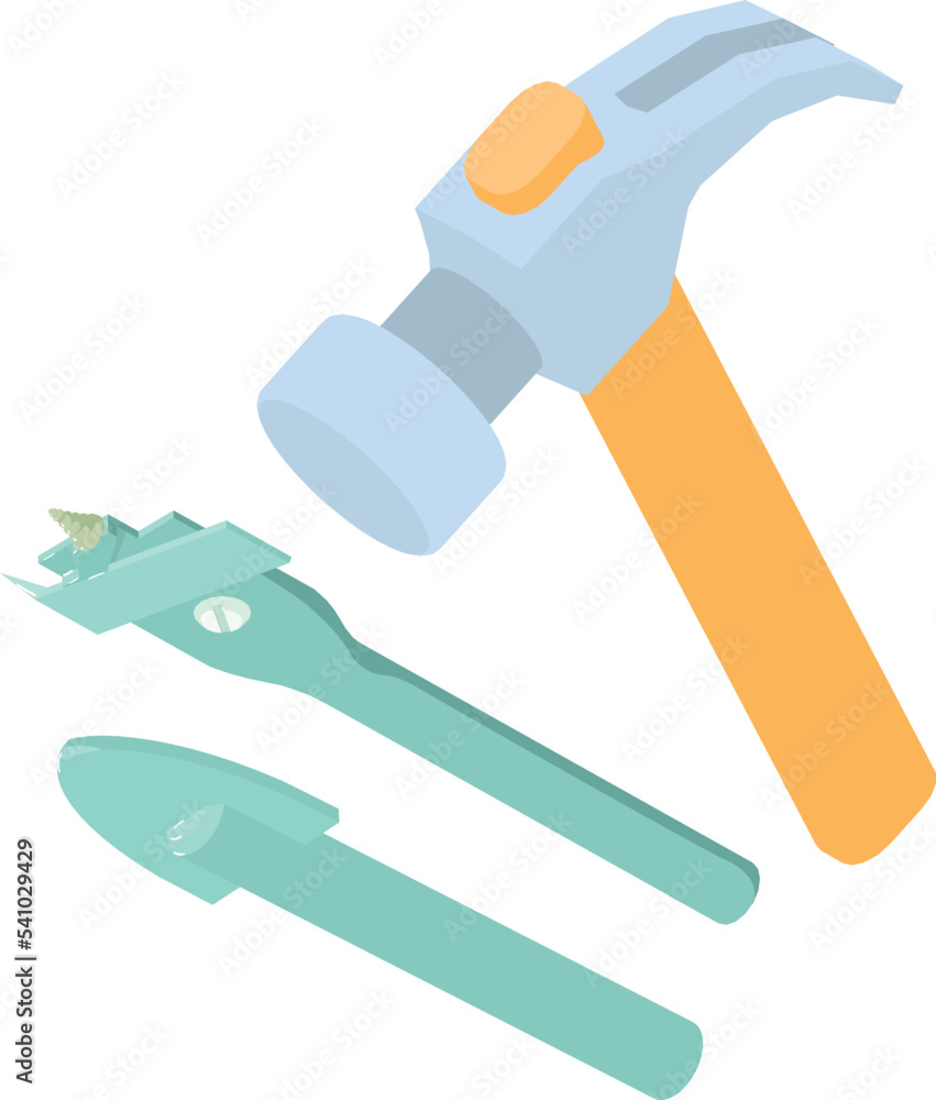 Repair tool icon isometric vector. Hammer, adjustable drill bit, glass drill bit. Hand tool, construction and repair work Repair tool icon isometric vector. Hammer, adjustable drill bit, glass drill bit. Hand tool, construction and repair work