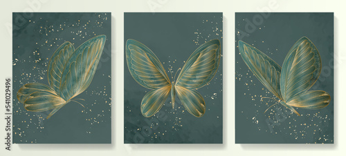 Photography Dark watercolor luxury art background with butterflies in gold line art style