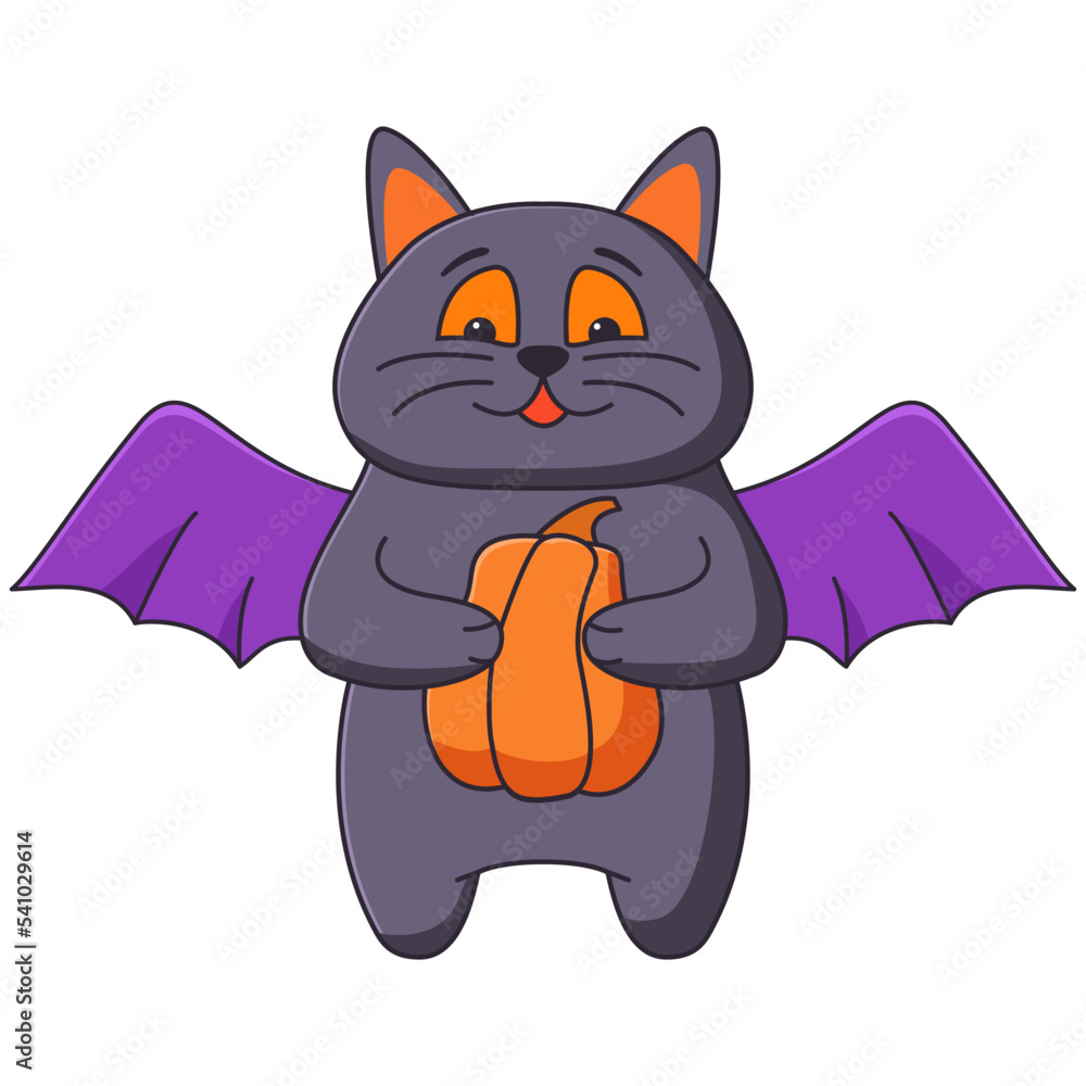 Obraz premium Halloween black cat with wings .A scared cat. The cat is holding a pumpkin in his hands.Frightened kitty.Hand drawn illustration.Isolated on white background.