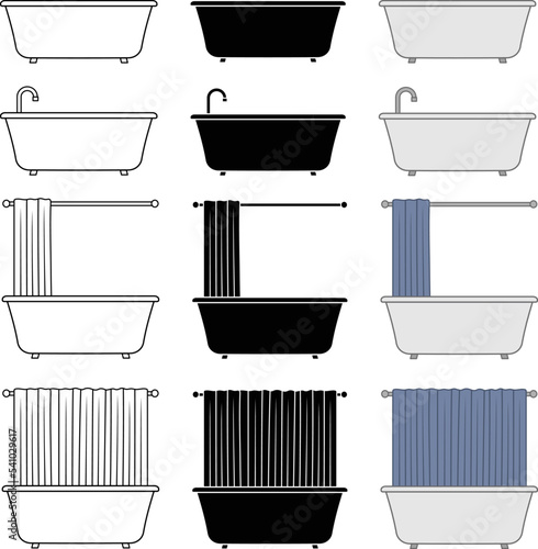 Bathtub and Shower with Curtain Curtain Clipart - Outline, Silhouette & Color
