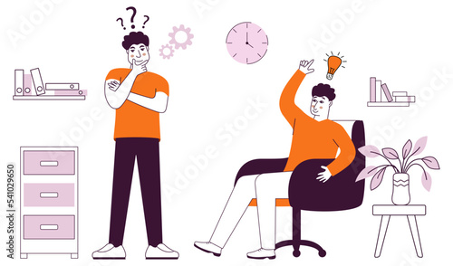  Man shows gesture.Solution of the problem is brainstorming. Man with lightbulb and finger pointing up.Guy thinks of great idea.Character cartoon vector illustration.Isolated on white background.