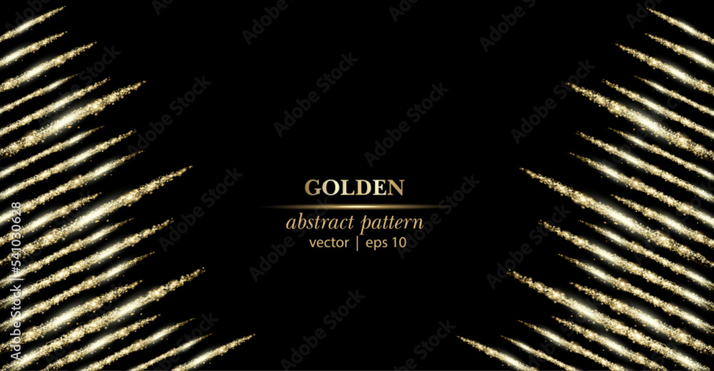 Vector golden banner with glitter brushes strokes, glowing lights and space for text. Golden sparks on a black background
