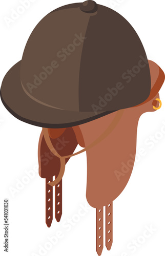 Equestrian icon isometric vector. Brown horse saddle and classical jockey cap. Horseback riding, hobby