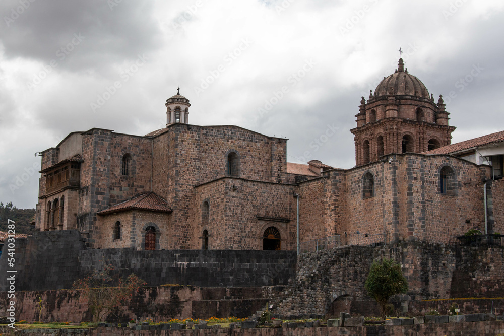 Qorikancha, Church and Convent of Santo Domingo de Guzman, in Cusco, on a cloudy day. 