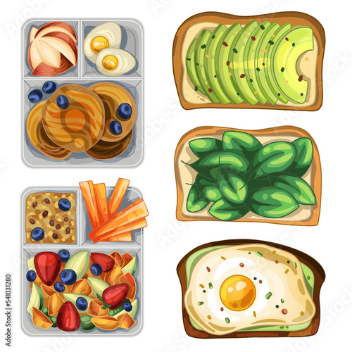 Fototapeta Naklejka Na Ścianę i Meble -  A set of lunchboxes with a healthy snack, including pancakes, fruit, eggs and porridge. Toast with egg, avocado and herbs