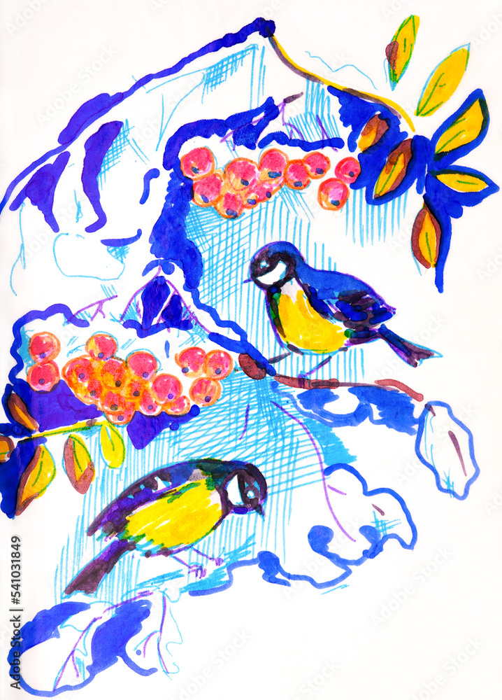 Two tits sitting on a rowan (sorbus) tree which is covered in snow. Hand drawing was made using felt pens. Two tits sitting on a rowan (sorbus) tree which is covered in snow. Hand drawing was made using felt pens.