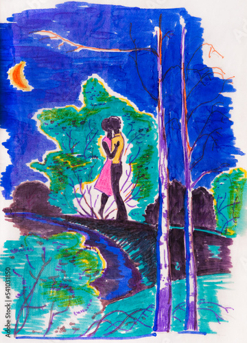 A couple kissing under the moon. Hand drawn was made using felt pens. © rosinka79