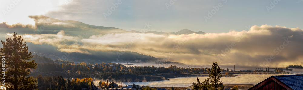 Beautiful Autumn Sunrise on Foggy Granby Lake in the Colorado Rocky Mountains