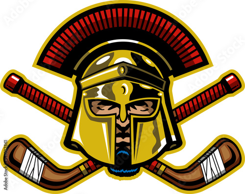 spartan mascot head with crossed hockey sticks for school, college or league sports