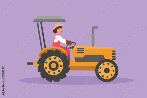 Character flat drawing female farmer drive tractor to plow the field. Start new planting period. Successful farming challenge at countryside. Organic natural crop. Cartoon design vector illustration