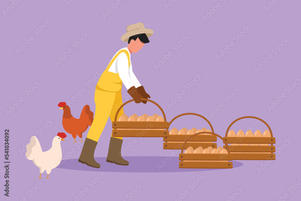 Fototapeta premium Character flat drawing eco farm with male farmer holding basket of eggs and hen near field with barns. Man with organic food, agrarian worker. Village, countryside. Cartoon design vector illustration
