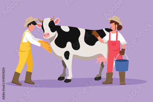Cartoon flat style drawing female farmer standing and rubbing the cow while carrying bucket of water. Man feeding farm animal with grass or hay. Successful farming. Graphic design vector illustration