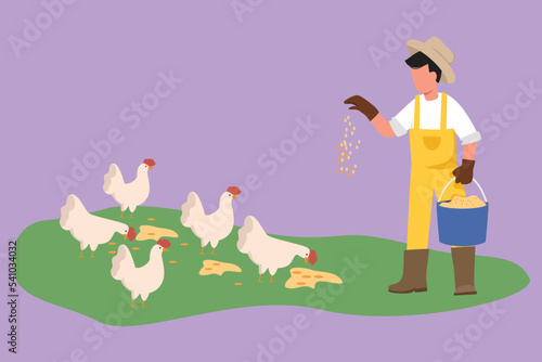 Character flat drawing young male farmer holding bucket of seed and feeding chickens and hens. Countryside farming. Rural scene with agricultural worker and poultry. Cartoon design vector illustration