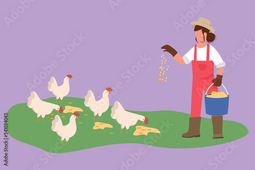 Graphic flat design drawing woman farmer holding bucket of seeds and feeding chickens and hens. Countryside farming. Rural scene with agricultural worker and poultry. Cartoon style vector illustration