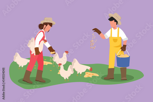 Cartoon flat style drawing couple farmers holding bucket of seeds and feeding chickens and hens. Countryside farming. Rural scene with agricultural worker, poultry. Graphic design vector illustration