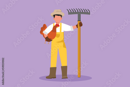 Graphic flat design drawing male farmer standing and holding chicken with rake. Young man villager character work, care of hens on poultry farm, agriculture, farming. Cartoon style vector illustration
