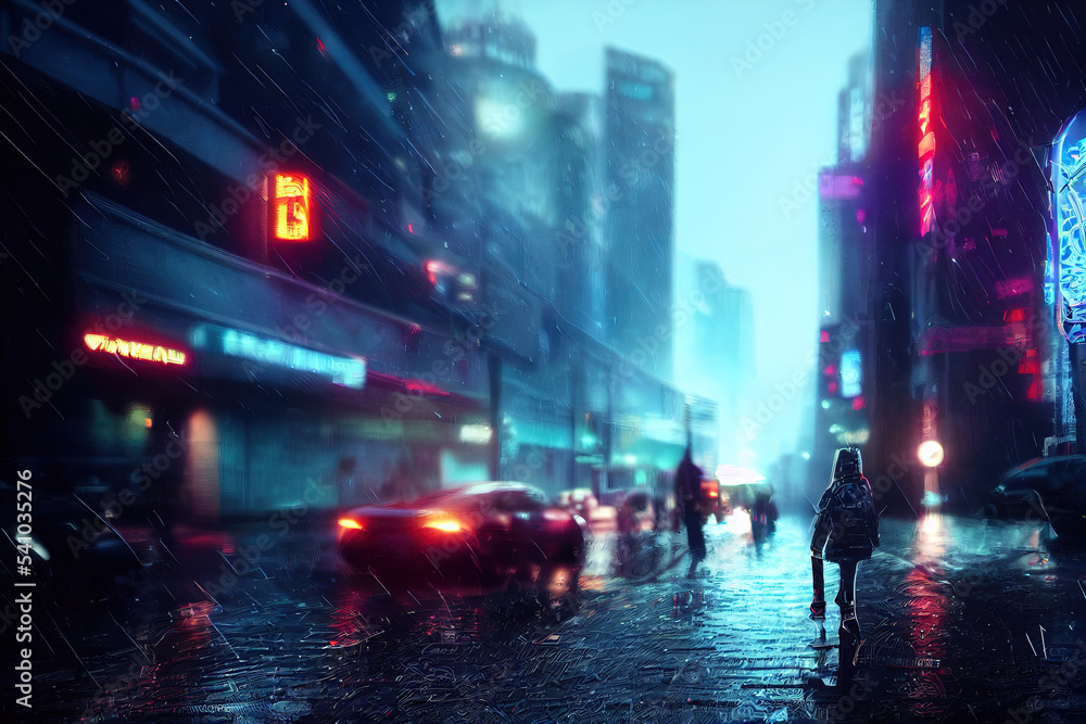 cyberpunk,city,metropolis,neon, rain,art illustration 