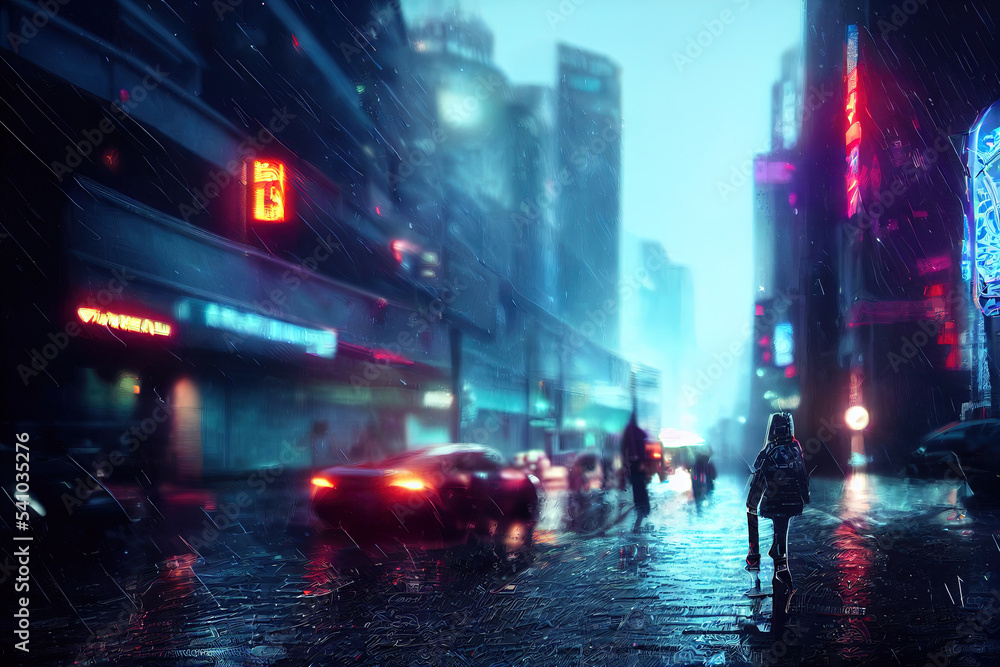 cyberpunk,city,metropolis,neon, rain,art illustration Stock Illustration