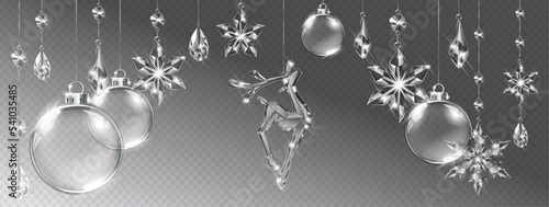 Vector realistic transparent Christmas crystal deer and decoration on abstract background. Glass sparkling translucent crystals

