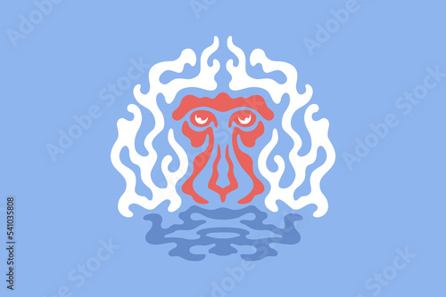 Abstract Illustration of Snow Monkey  Soaking in Hot Springs