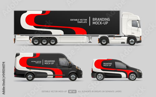 Branding and corporate identity on Van, Company car and Truck mockup set. Abstract graphics of red and black stripes for business background. Branding vehicle. Editable vector template