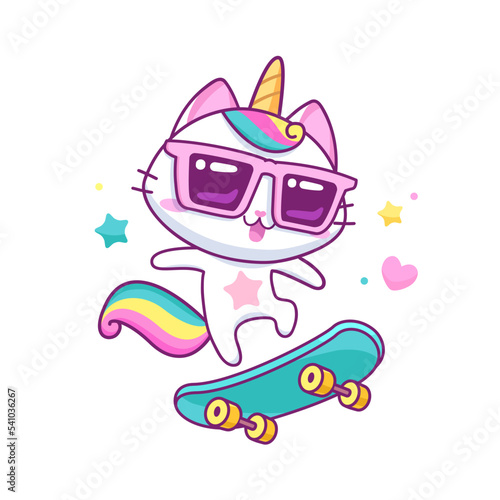 Cute baby Caticorn kitten or Cat Unicorn on skateboard - kawaii style vector illustration. Baby Cat Unicorn cartoon character. Kids tee print design
