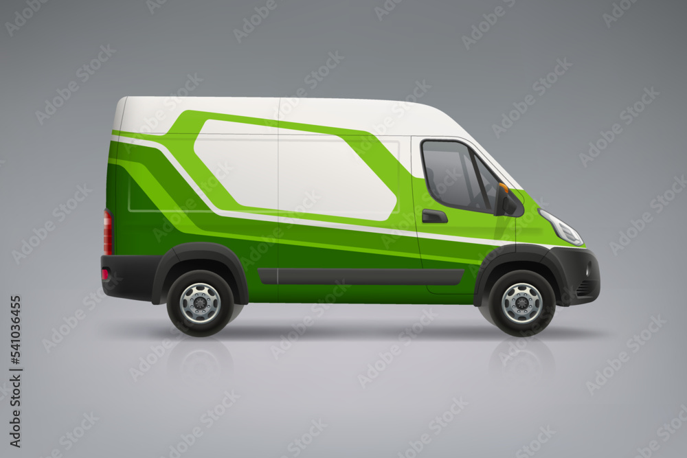Company Van mockup with branding design. Abstract green stripes graphics on corporate vehicle. Racing livery design. Delivery Van mock-up. Branding on business transport. Editable vector template