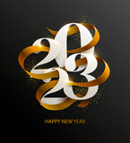 New Years 2023. Greeting card with date and golden ribbon on black background. Festive lettering design.