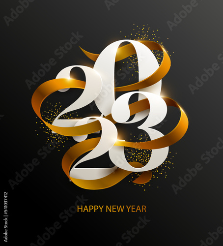 New Years 2023. Greeting card with date and golden ribbon on black background. Festive lettering design.