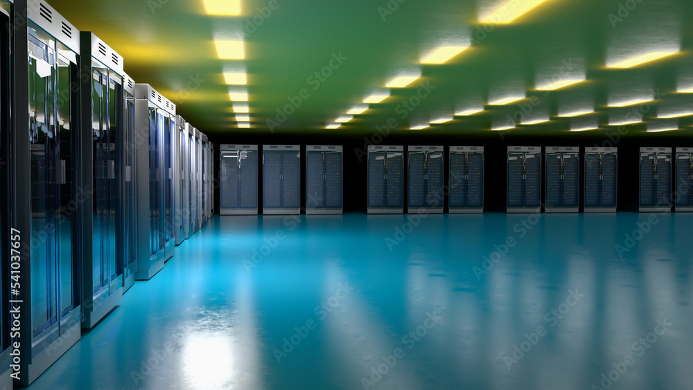 Server room. Server data center. Backup, mining, hosting, mainframe, farm and computer rack with storage information. 3d rendering Server room. Server data center. Backup, mining, hosting, mainframe, farm and computer rack with storage information. 3d rendering