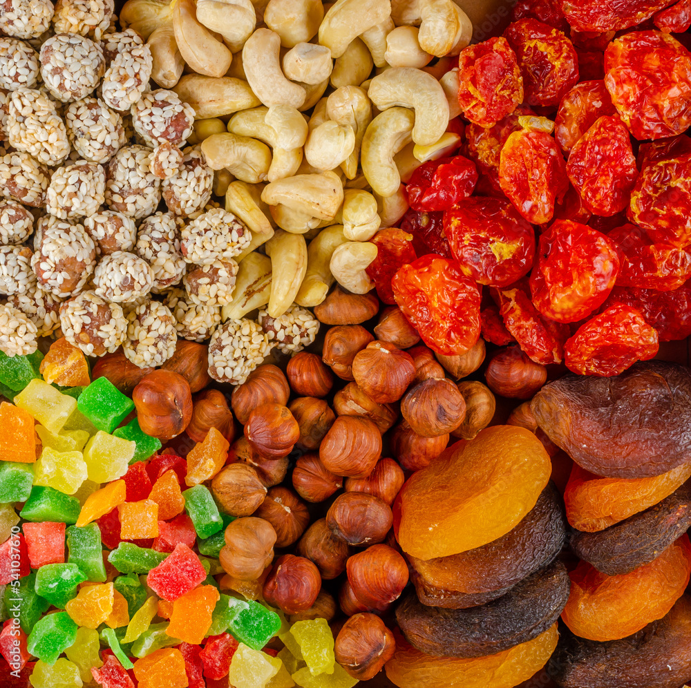 A mixture of nuts and candied fruits and dried fruits.