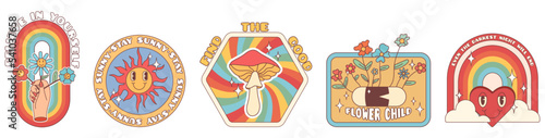 Groovy hippie 70s stickers. Funny cartoon flower, rainbow, heart, daisy, mushroom etc. Sticker pack in trendy retro psychedelic cartoon style. 