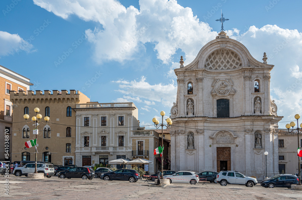 The beautiful Piazza Duomo in L'Aquila with historic buildings and churches