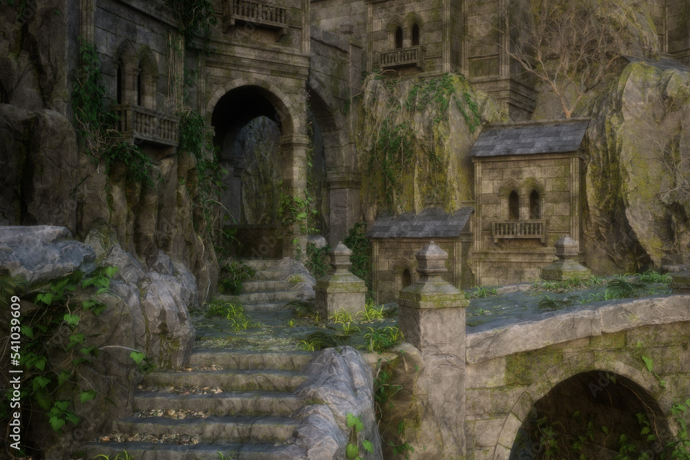 Beautiful mystical medieval fantasy castle in a mountain gorge with stone steps and bridge. Photo realistic 3D rendering.