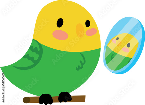 Vector illustration of cute parrot. Design element. Parrot looks at reflection in mirror. Image isolated on white background