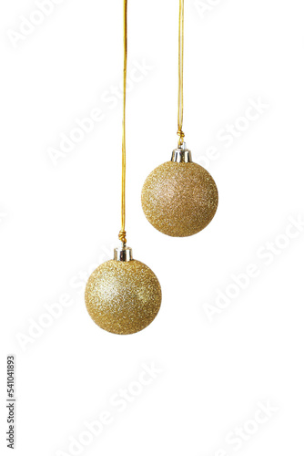 two golden Christmas balls with glitter hanging in front of a white background with space for copy
