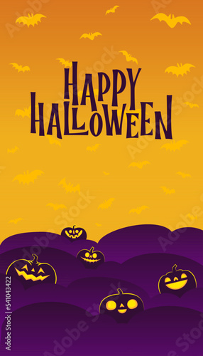 Halloween banner. Dark scene with shinning carved pumpkins. Vertical design for social media posts.