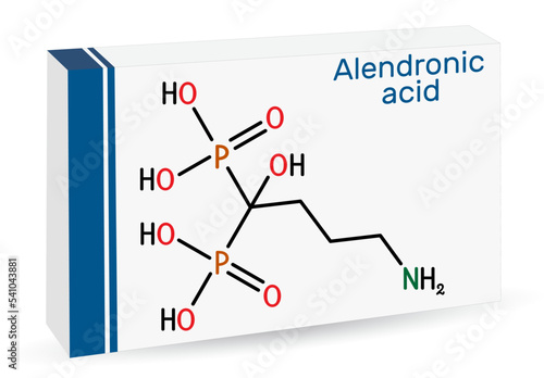 Alendronic acid molecule. It is bisphosphonate drug, used for treatment of osteoporosis. Skeletal chemical formula. Paper packaging for drugs.
