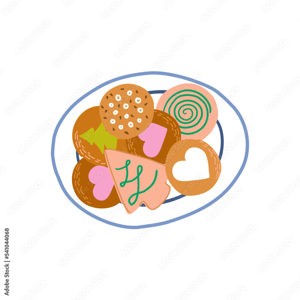 Biscuit cookies with glaze, seeds and swirls on the plate. Traditional Christmas pastry. National Cookie Day. Hand drawn vector illustration isolated on white. Biscuit cookies with glaze, seeds and swirls on the plate. Traditional Christmas pastry. National Cookie Day. Hand drawn vector illustration isolated on white.