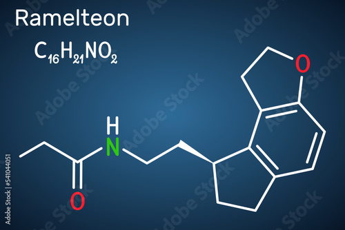 Ramelteon molecule. It is sleep agent, melatonin receptor agonist used to treat insomnia. Structural chemical formula on the dark blue background