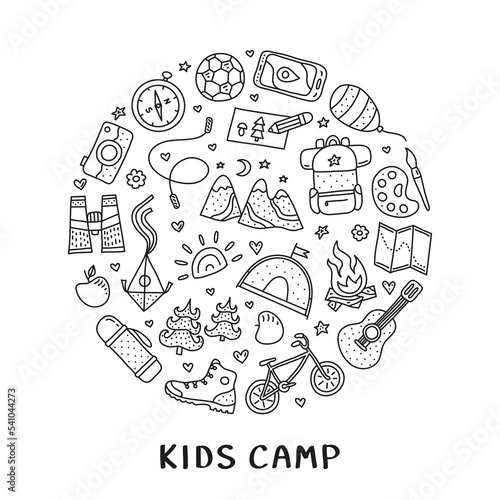 Doodle kids camp and outdoor icons in circle.