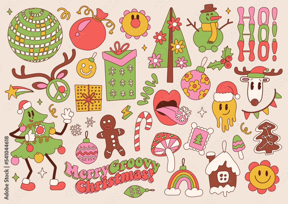 Big set of Merry Christmas groovy retro 70s elements. Groovy Hippie holiday collection clip art. Christmas tree mascot, xmas tree, emoji, gifts, trendy objects. Vector hand drawn illustration. Big set of Merry Christmas groovy retro 70s elements. Groovy Hippie holiday collection clip art. Christmas tree mascot, xmas tree, emoji, gifts, trendy objects. Vector hand drawn illustration.