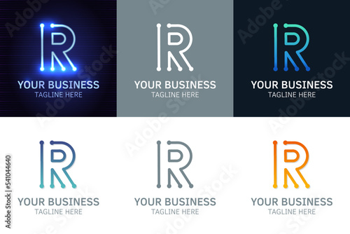 Letter R minimal logo icon design. Vector template graphic elements. Technology, digital interfaces, hardware and engineering concepts. Graphic made of circuits