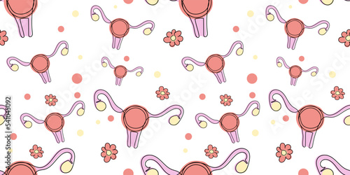Uterus woman with flowers one line seamless pattern on a light background. Wallpaper concept for female gynecology, child health, birth consultation. stock vector illustration with graphic ovaries.