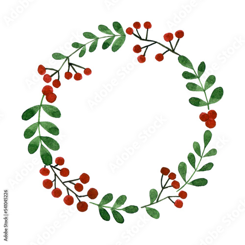 watercolor drawing. Christmas wreath. simple illustration with a wreath of twigs and leaves of eucalyptus and red berries